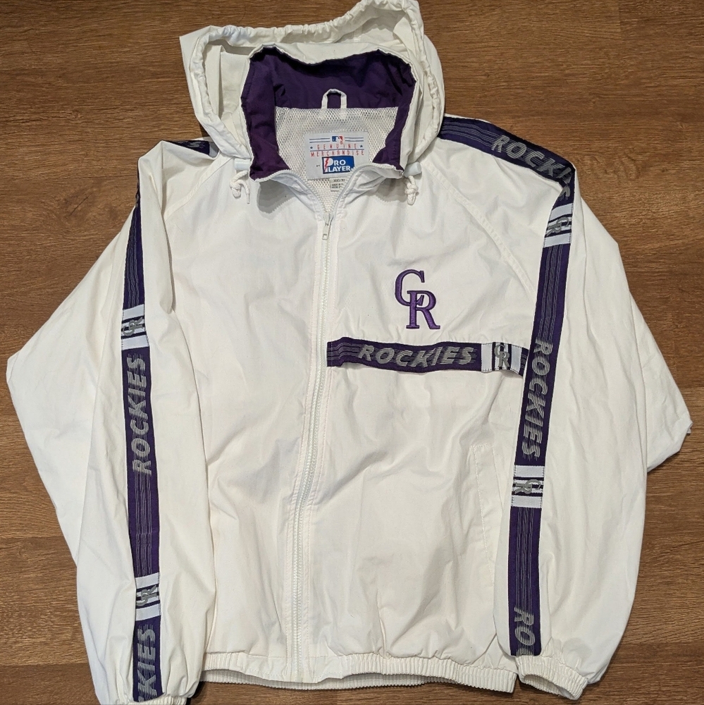MLB Colorado Rockies Pro Player Jacket Mens XL Full Zip Hood Hooded White Y2K